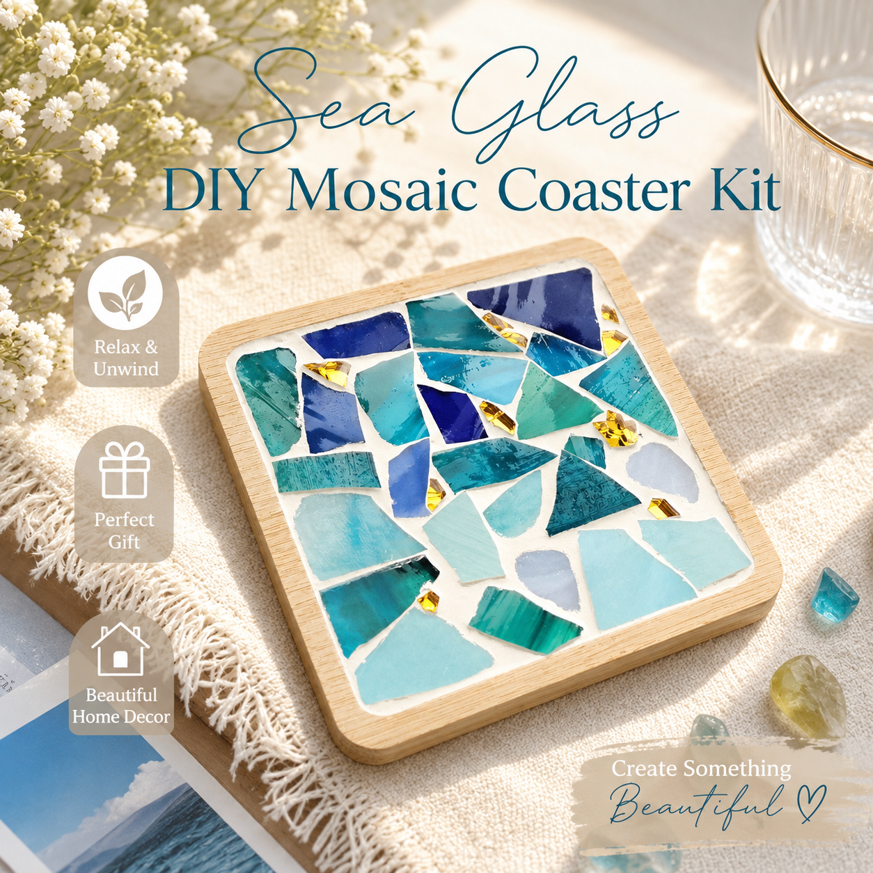 DIY Sea Glass Mosaic Coaster Kit, Coastal Mosaic Craft Kit, Blue Glass Coaster, Beginner DIY Craft, Beach House Decor, Gift for Adults