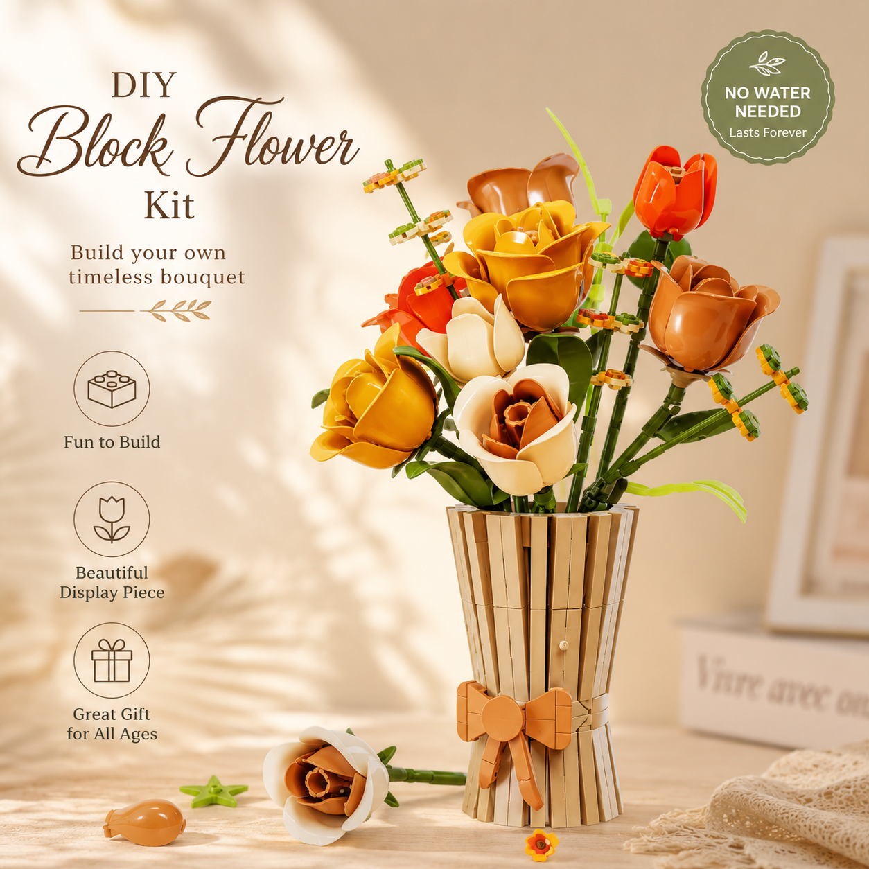 DIY Block Flower Bouquet Kit with Vase | Build Your Own Floral Building Block Arrangement | Creative Home Decor Gift | Botanical Brick Craft Kit