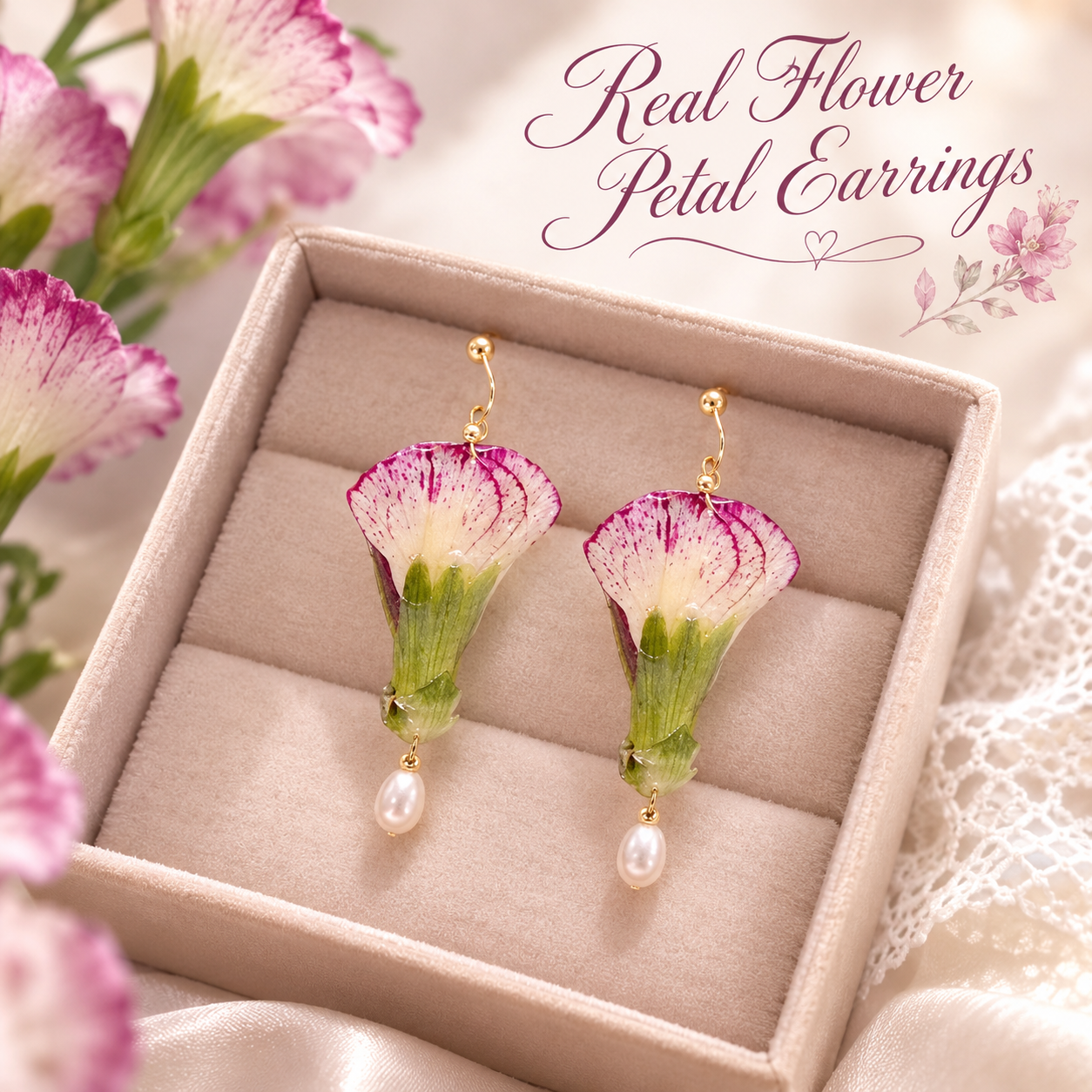 Real Carnation & Pearl Earrings, Preserved Flower Earrings, Pink Floral Drop Earrings, Botanical Jewelry, Pearl Dangle Earrings