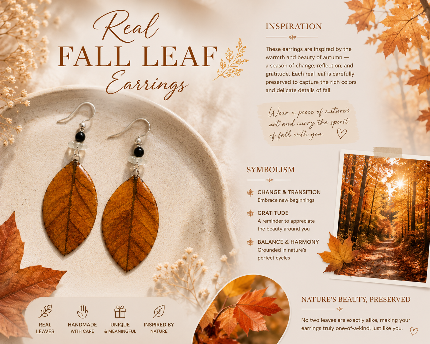 Real Fall Leaf Earrings, Preserved Autumn Leaf Earrings, Handmade Botanical Jewelry, Nature Inspired Dangle Earrings, Unique Fall Gift