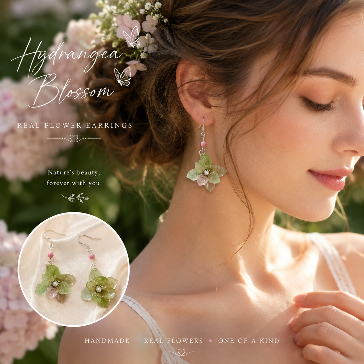 Real Hydrangea Flower Earrings, Pressed Flower Earrings, Green Floral Dangle Earrings, Botanical Jewelry, Nature Inspired Gift for Her