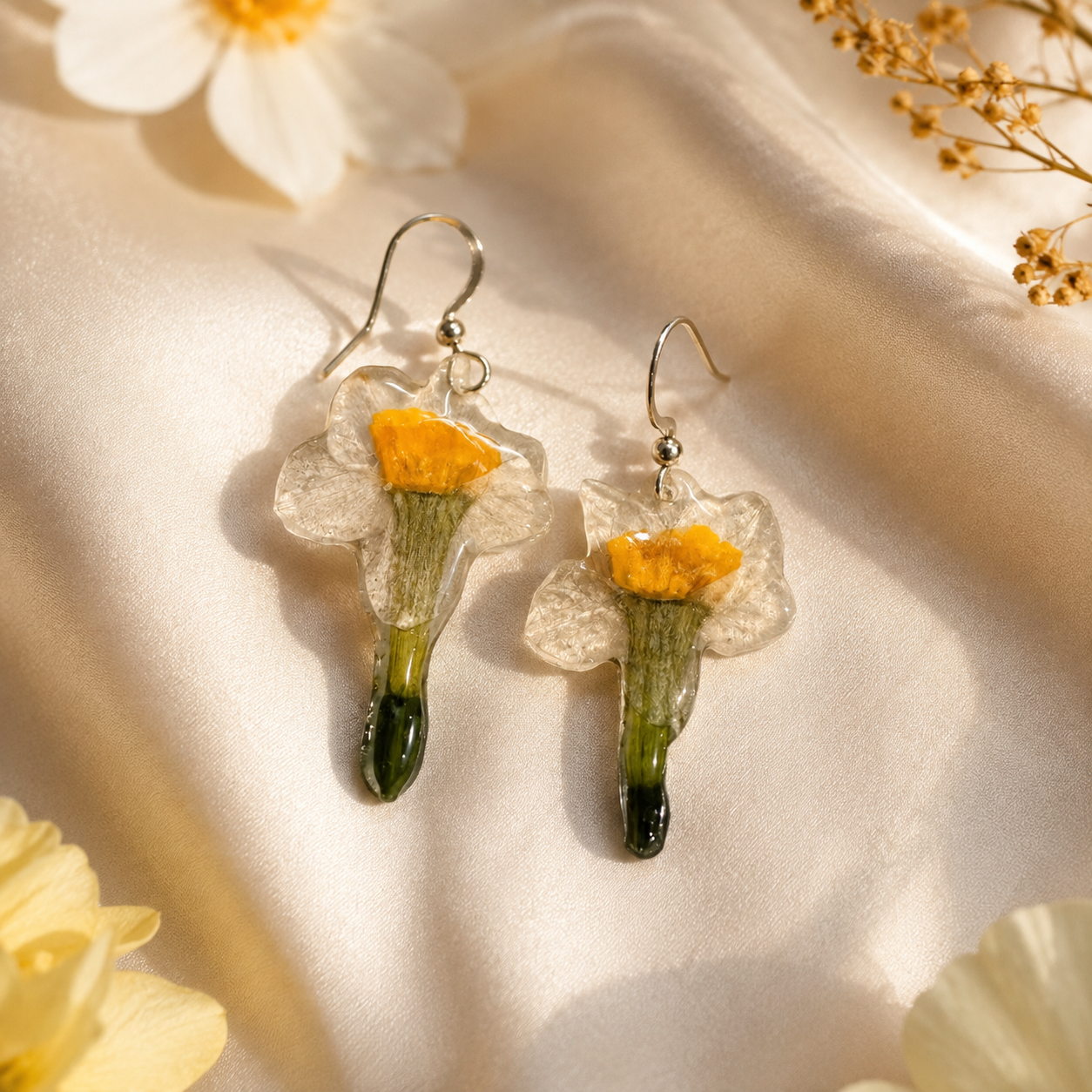 Real Daffodil Earrings, Pressed Flower Earrings, Real Flower Jewelry, Botanical Earrings, Yellow Floral Earrings, Spring Gift for Her
