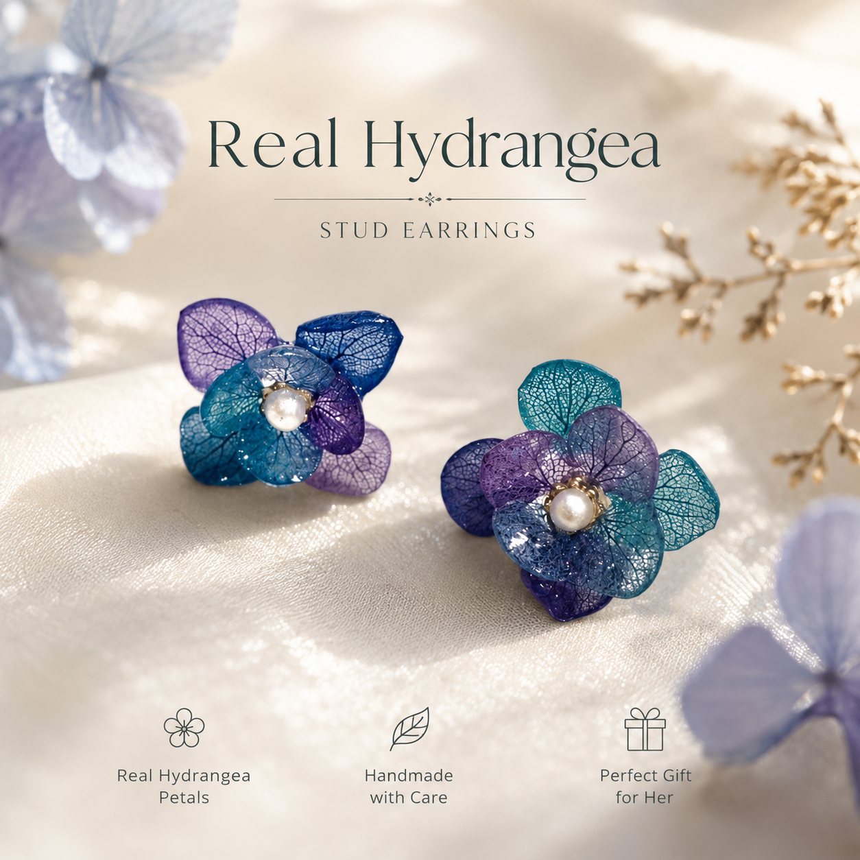Real Hydrangea Stud Earrings, Pressed Flower Earrings, Blue Purple Floral Earrings, Handmade Botanical Jewelry, Gift for Her