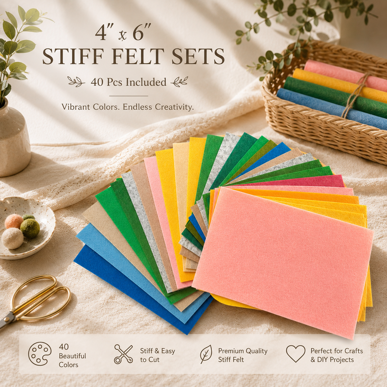 40 PCS 4x6 Stiff Felt Sheets | Assorted Color Felt Pack | Premium Craft Felt Fabric | DIY Sewing Supplies
