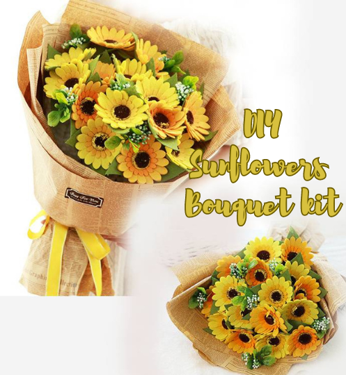 DIY felt flowers bouquet - Big Felt Sunflowers bouquet, Felt flowers DIY kit, No Cutting, Sunflowers, birthday gift
