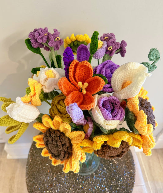 Handmade crochet flowers bouquet - sunflower, roses, lilies, carnations, forget me nots, tulips,  mother's day, birthday gifts, home decorations, wall art