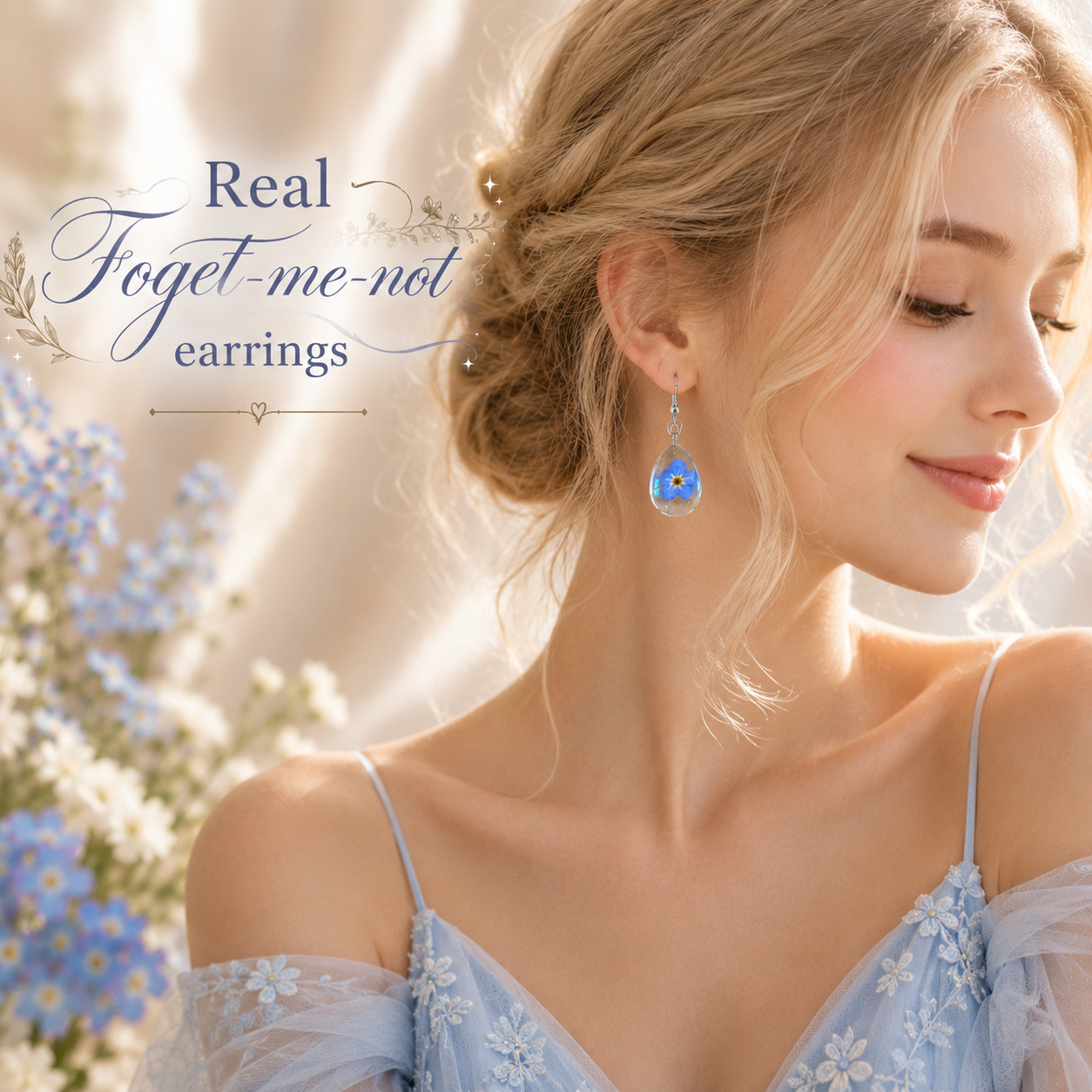 Real Forget Me Not Flower Earrings, Pressed Flower Resin Earrings, Blue Floral Teardrop Earrings, Nature Inspired Jewelry, Botanical Gift
