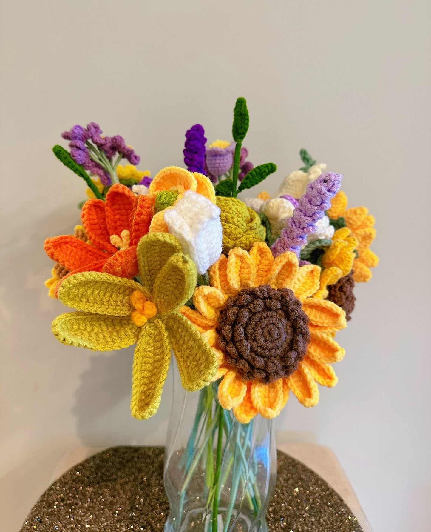 Handmade crochet flowers bouquet - sunflower, roses, lilies, carnations, forget me nots, tulips,  mother's day, birthday gifts, home decorations, wall art