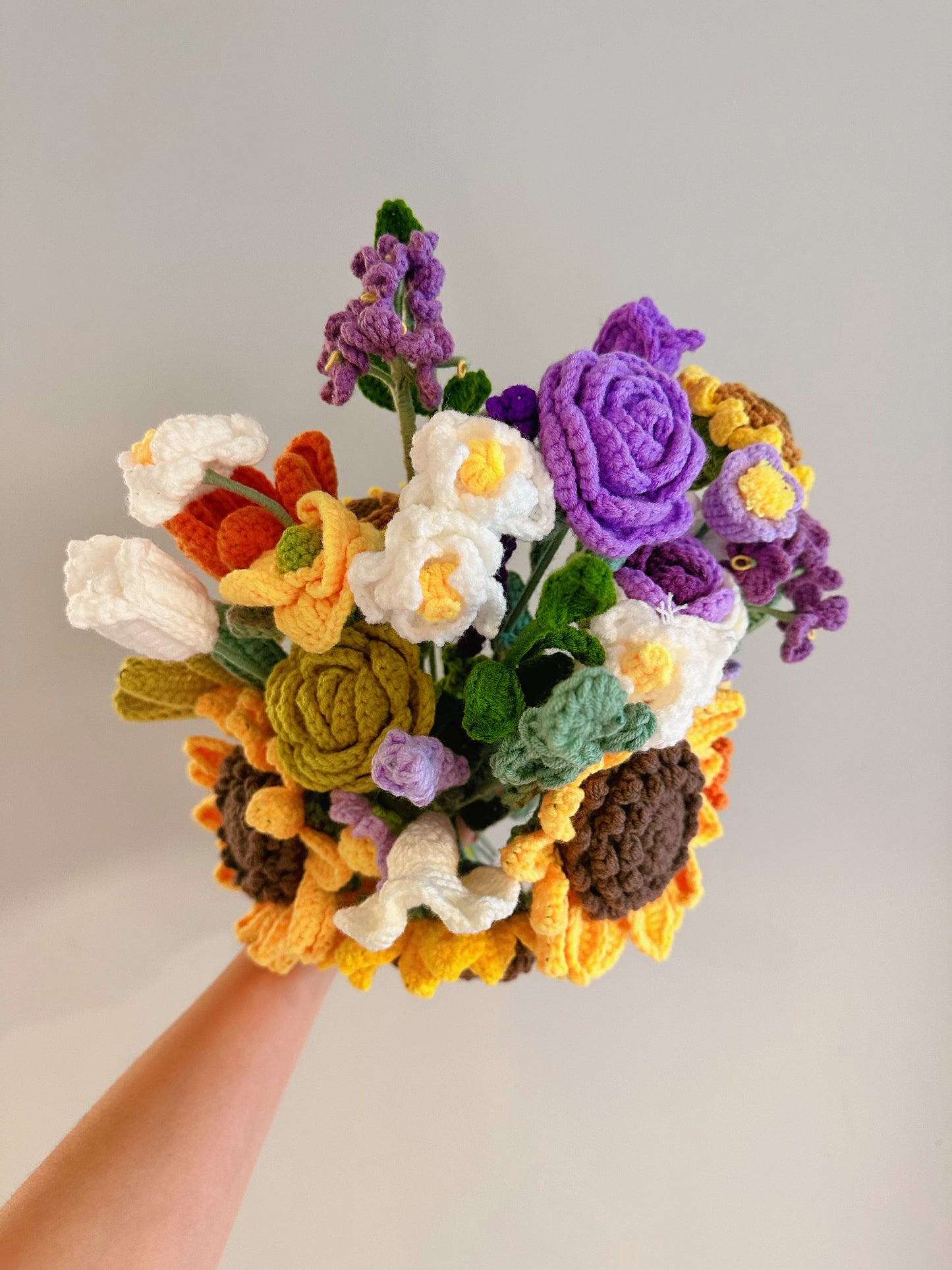 Handmade crochet flowers bouquet - sunflower, roses, lilies, carnations, forget me nots, tulips,  mother's day, birthday gifts, home decorations, wall art