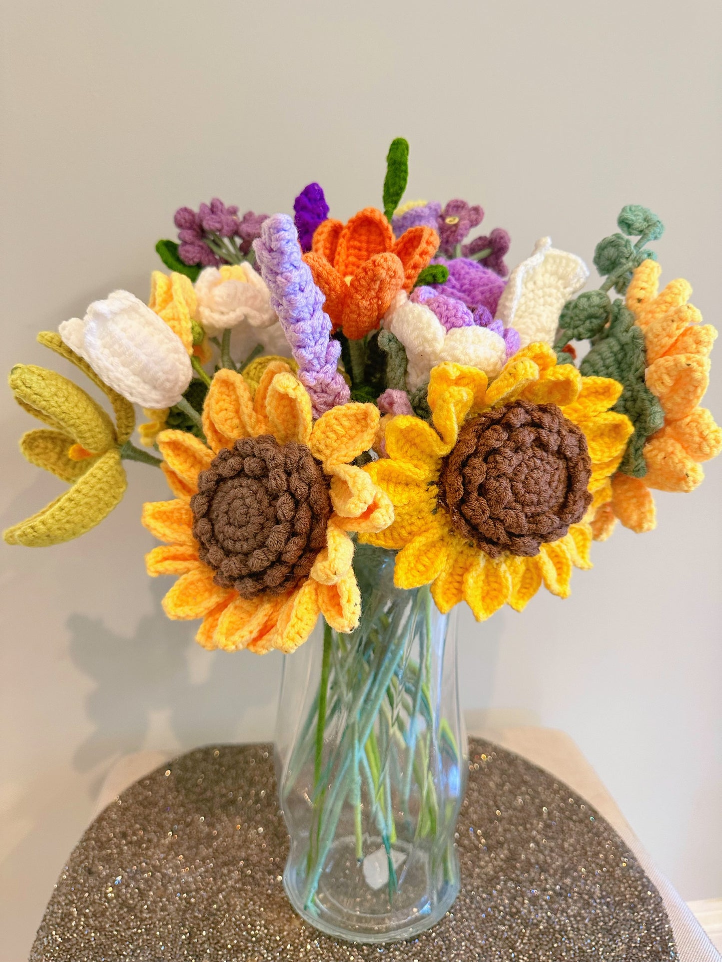 Handmade crochet flowers bouquet - sunflower, roses, lilies, carnations, forget me nots, tulips,  mother's day, birthday gifts, home decorations, wall art