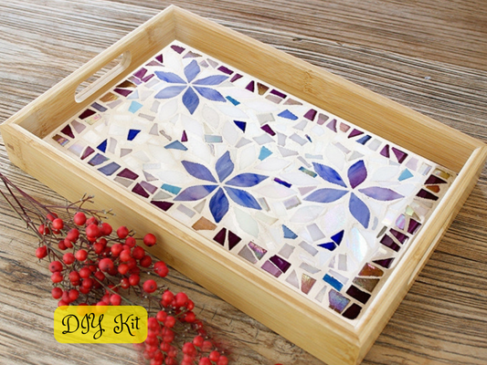 DIY Mosaic wooden tray, DIY food tray, mosaic glass diy kit -Purple flowers pearl rectangle tray