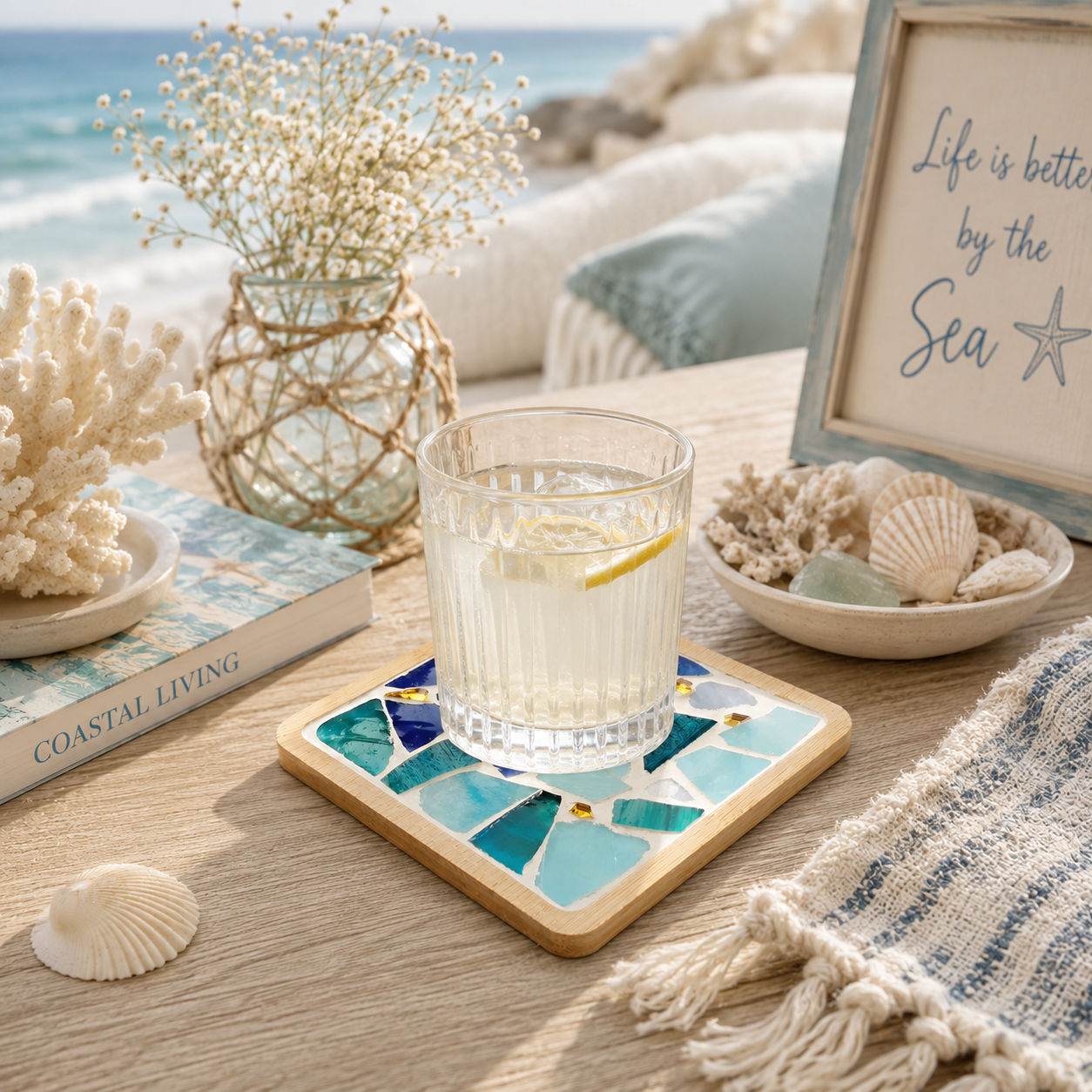 DIY Sea Glass Mosaic Coaster Kit, Coastal Mosaic Craft Kit, Blue Glass Coaster, Beginner DIY Craft, Beach House Decor, Gift for Adults