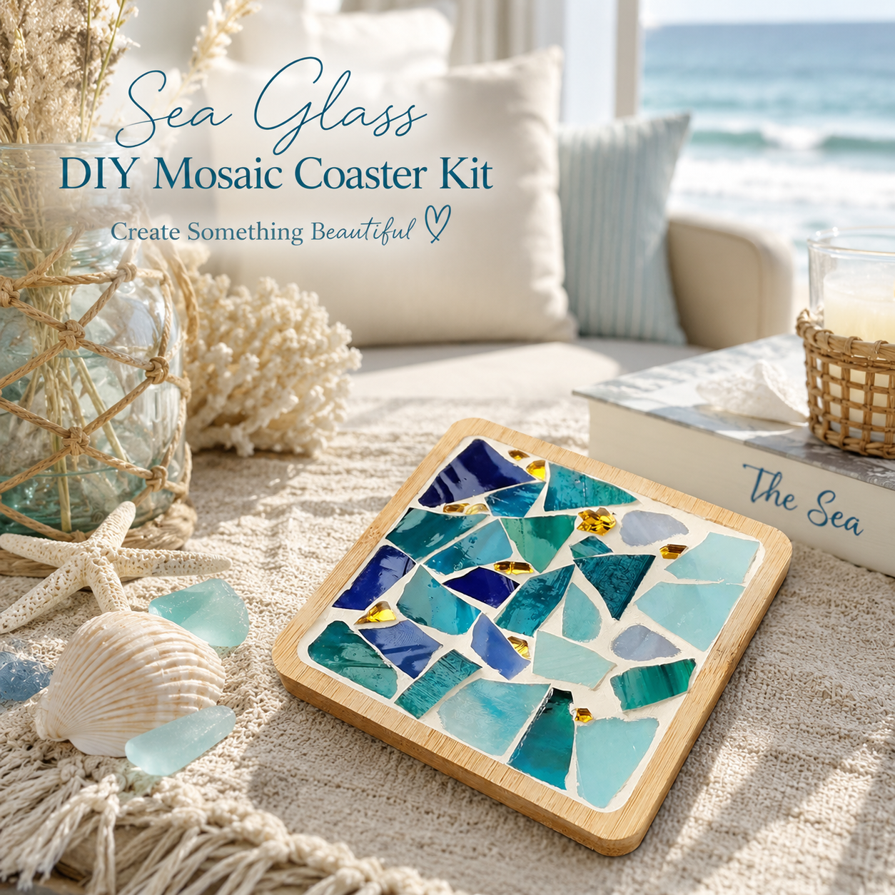 DIY Sea Glass Mosaic Coaster Kit, Coastal Mosaic Craft Kit, Blue Glass Coaster, Beginner DIY Craft, Beach House Decor, Gift for Adults