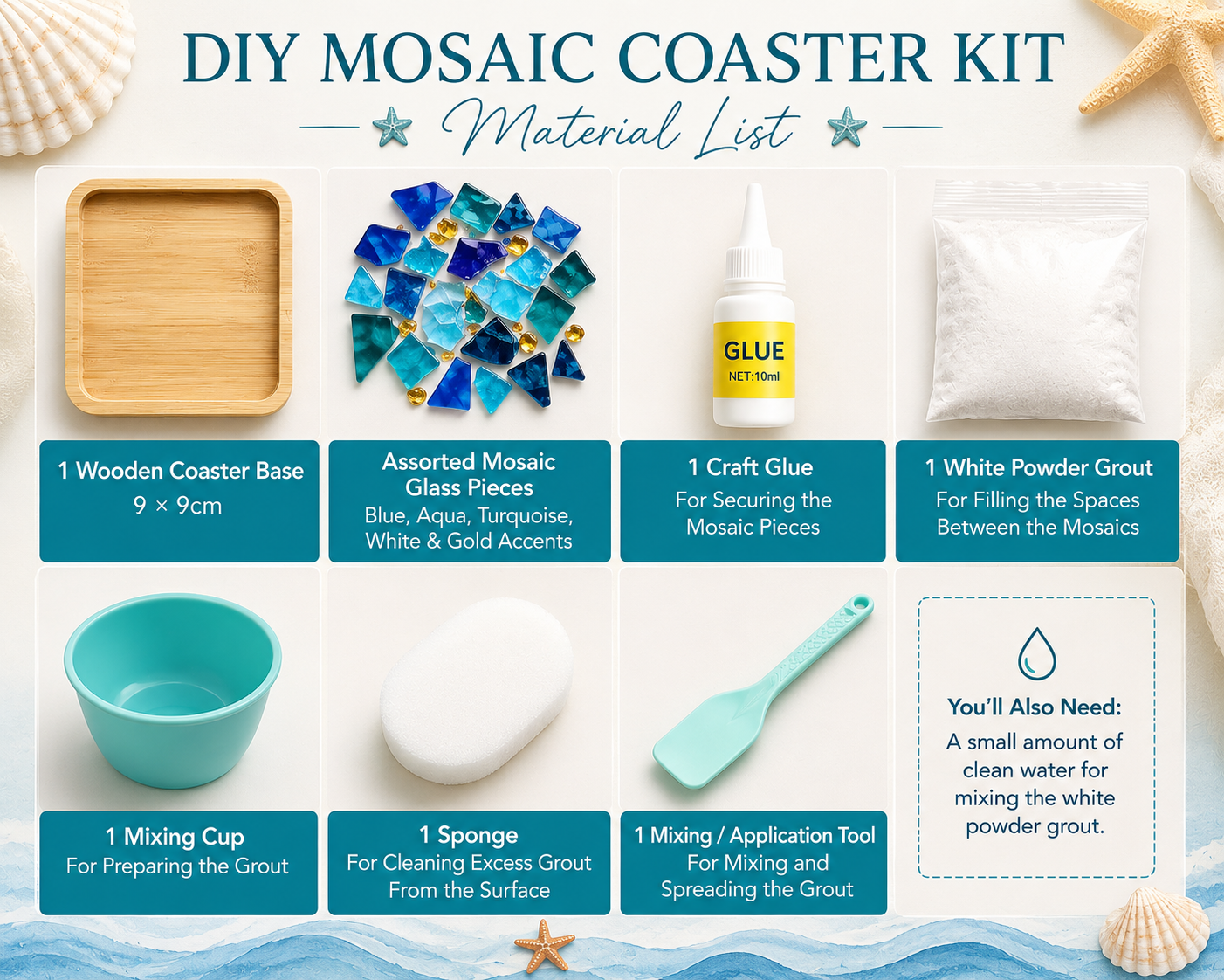 DIY Sea Glass Mosaic Coaster Kit, Coastal Mosaic Craft Kit, Blue Glass Coaster, Beginner DIY Craft, Beach House Decor, Gift for Adults