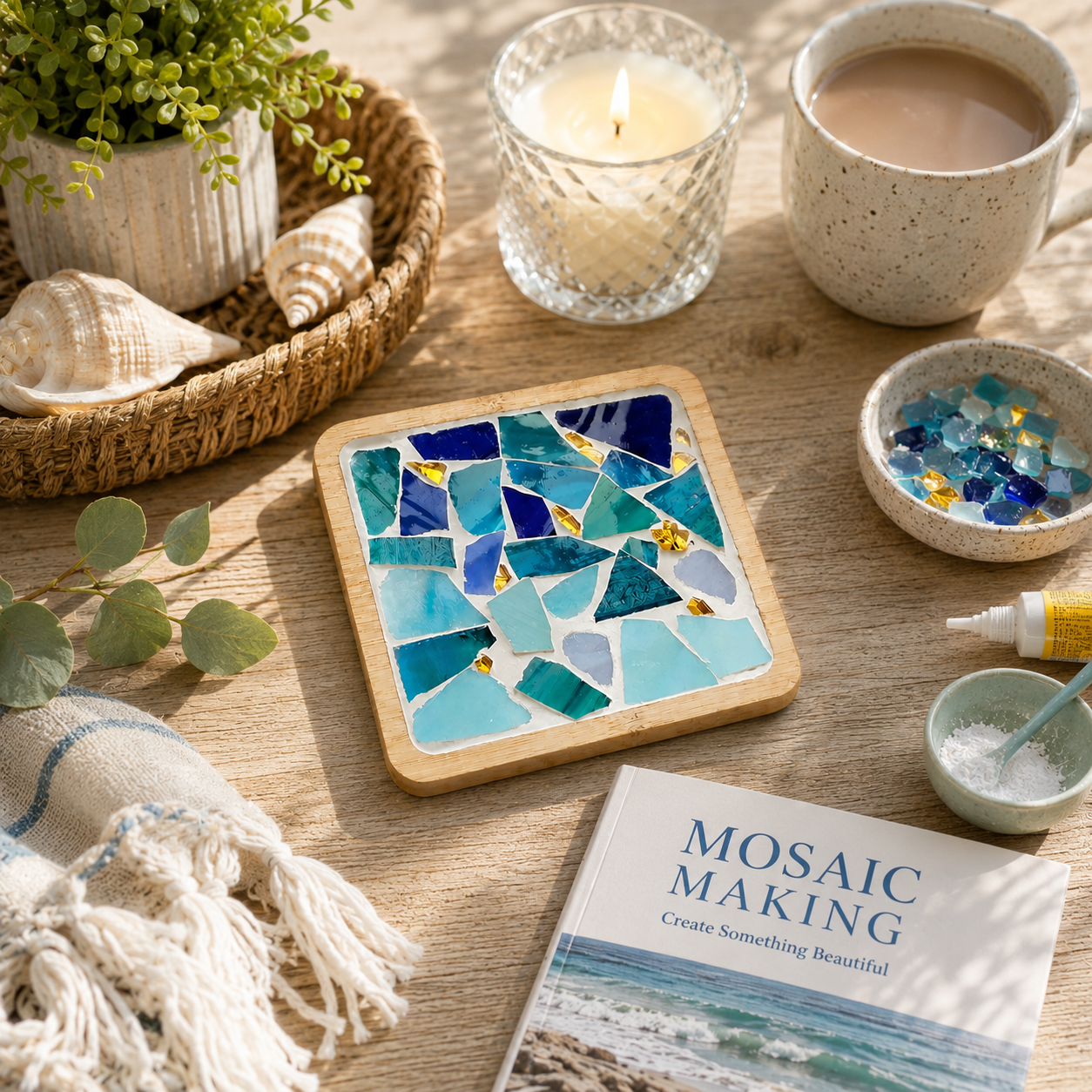 DIY Sea Glass Mosaic Coaster Kit, Coastal Mosaic Craft Kit, Blue Glass Coaster, Beginner DIY Craft, Beach House Decor, Gift for Adults