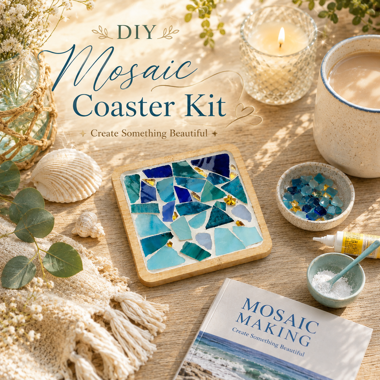 DIY Sea Glass Mosaic Coaster Kit, Coastal Mosaic Craft Kit, Blue Glass Coaster, Beginner DIY Craft, Beach House Decor, Gift for Adults