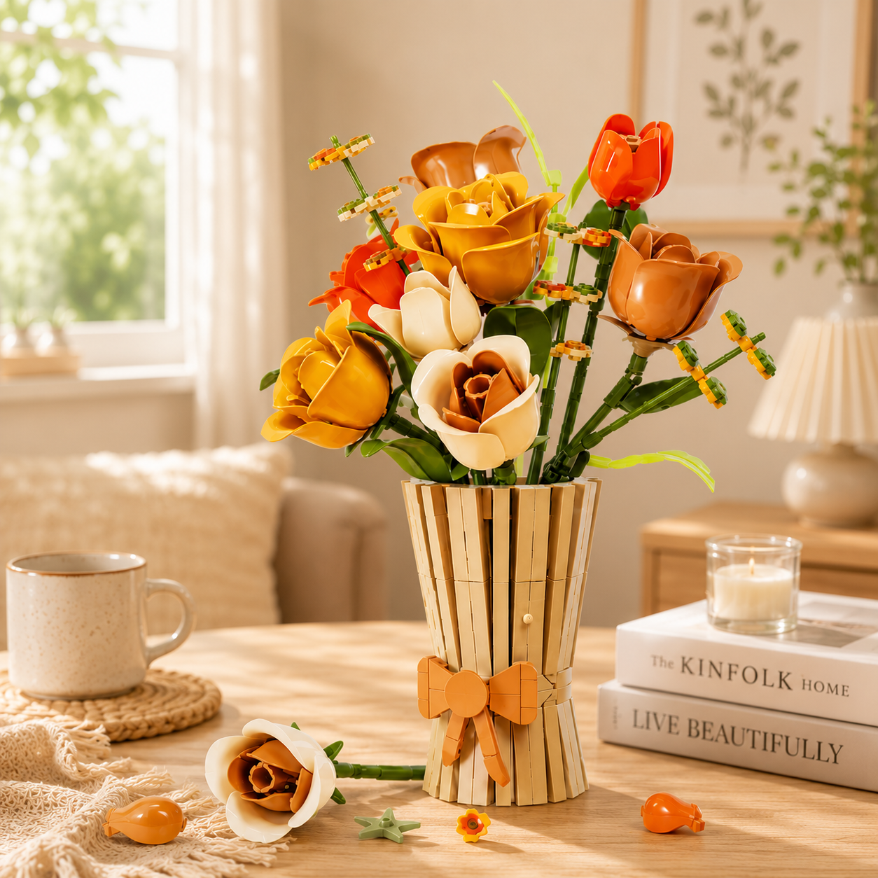DIY Block Flower Bouquet Kit with Vase | Build Your Own Floral Building Block Arrangement | Creative Home Decor Gift | Botanical Brick Craft Kit