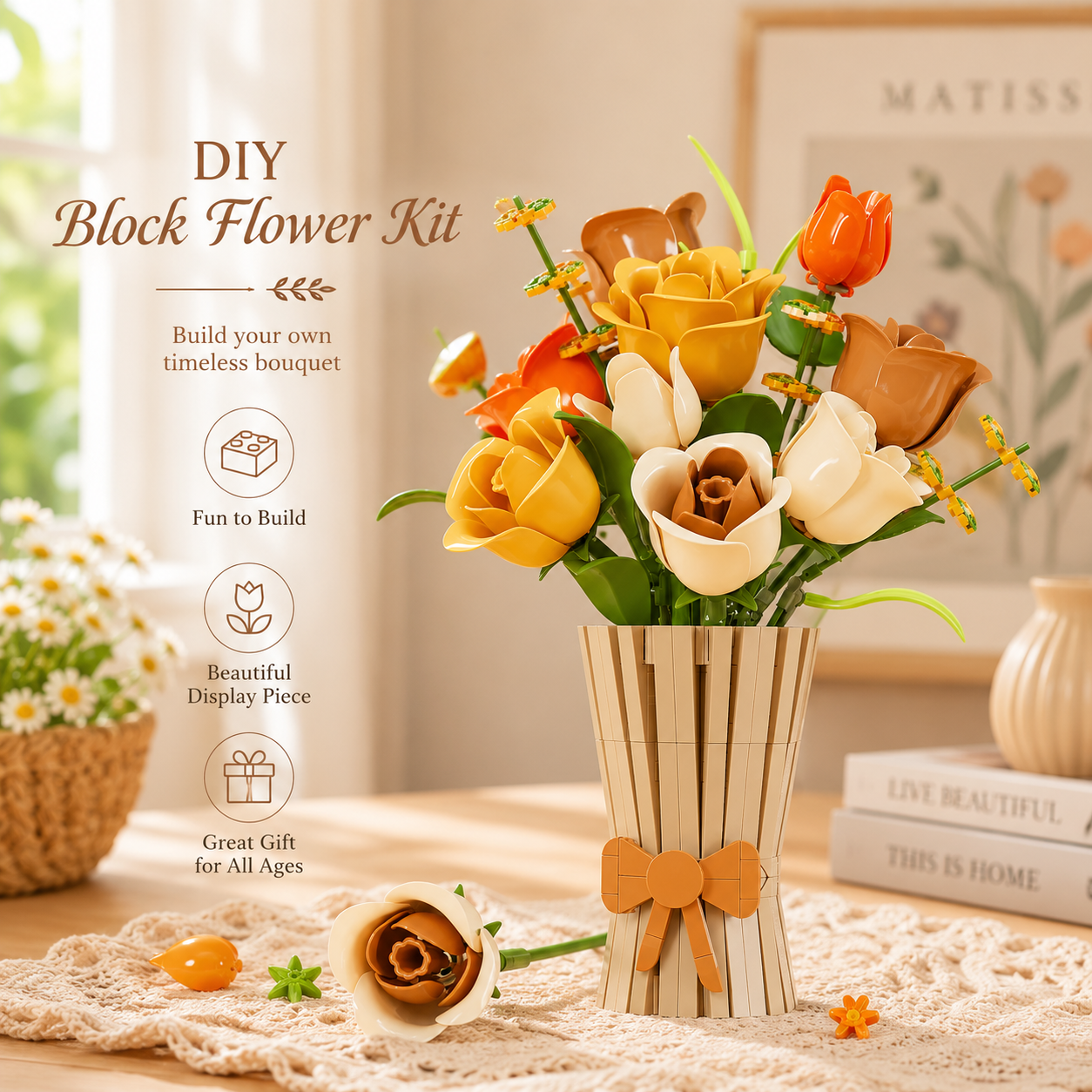 DIY Block Flower Bouquet Kit with Vase | Build Your Own Floral Building Block Arrangement | Creative Home Decor Gift | Botanical Brick Craft Kit
