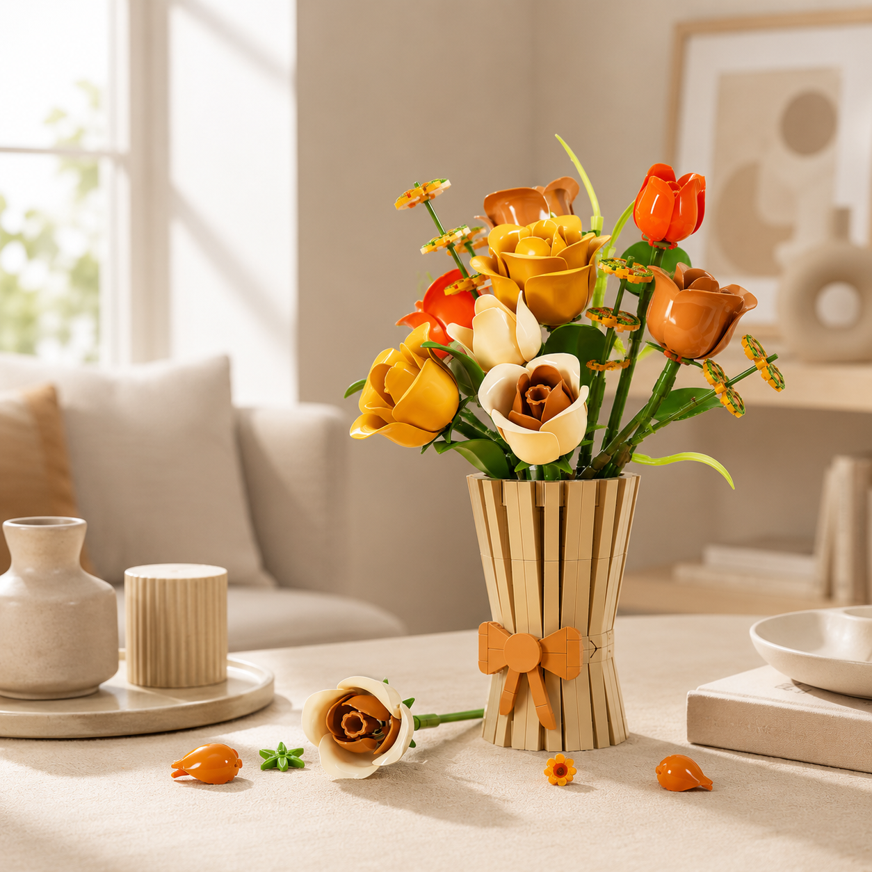 DIY Block Flower Bouquet Kit with Vase | Build Your Own Floral Building Block Arrangement | Creative Home Decor Gift | Botanical Brick Craft Kit