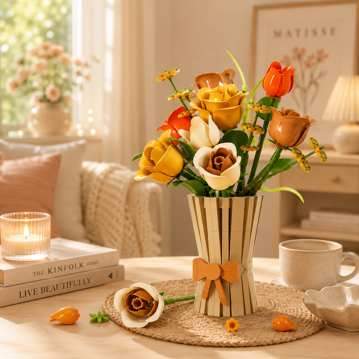 DIY Block Flower Bouquet Kit with Vase | Build Your Own Floral Building Block Arrangement | Creative Home Decor Gift | Botanical Brick Craft Kit