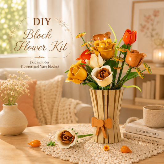 DIY Block Flower Bouquet Kit with Vase | Build Your Own Floral Building Block Arrangement | Creative Home Decor Gift | Botanical Brick Craft Kit