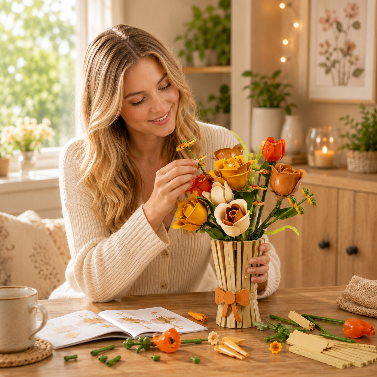 DIY Block Flower Bouquet Kit with Vase | Build Your Own Floral Building Block Arrangement | Creative Home Decor Gift | Botanical Brick Craft Kit