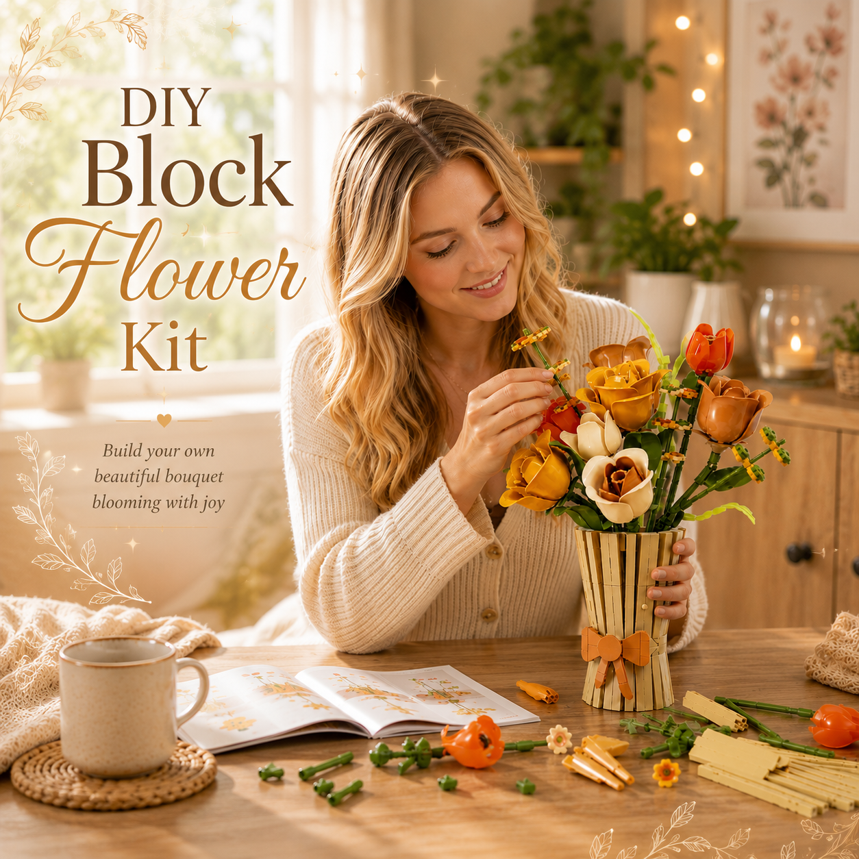 DIY Block Flower Bouquet Kit with Vase | Build Your Own Floral Building Block Arrangement | Creative Home Decor Gift | Botanical Brick Craft Kit