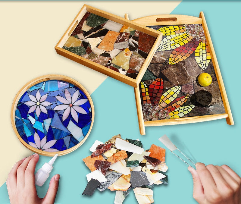 DIY Mosaic wooden tray, DIY food tray, mosaic glass diy kit - Pink flowers blue background round tray