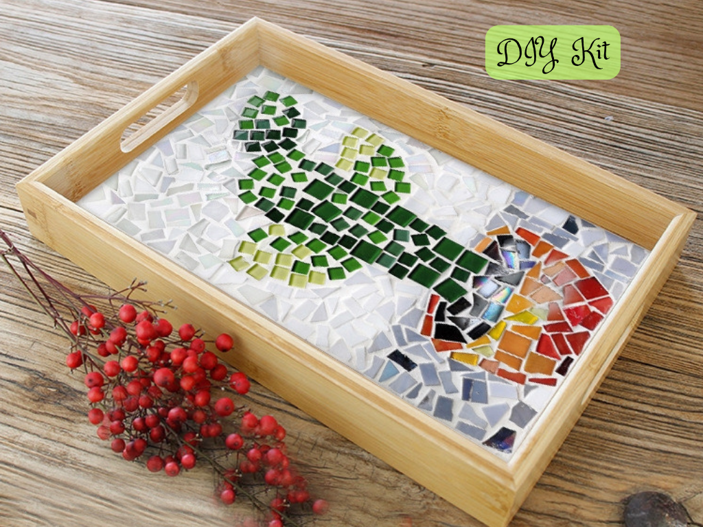DIY Mosaic wooden tray, DIY food tray, mosaic glass diy kit -Cactus rectangle tray
