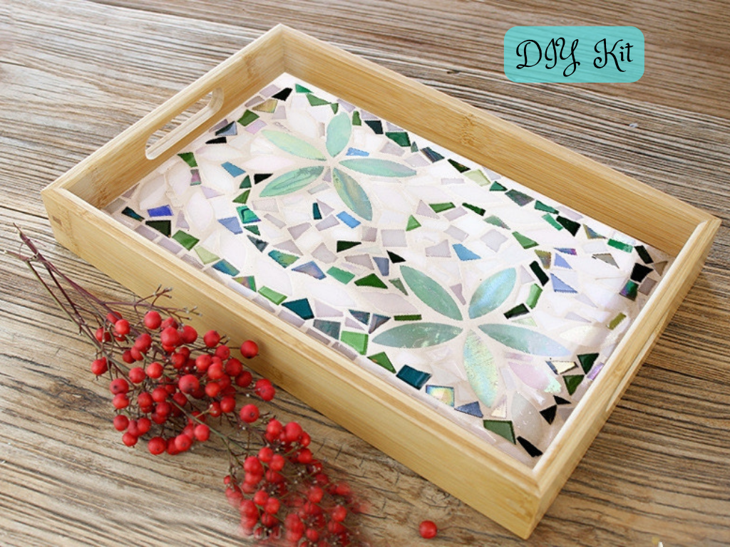 DIY Mosaic wooden tray, DIY food tray, mosaic glass diy kit -Green flowers pearl rectangle tray