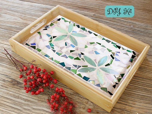 DIY Mosaic wooden tray, DIY food tray, mosaic glass diy kit -Green flowers pearl rectangle tray