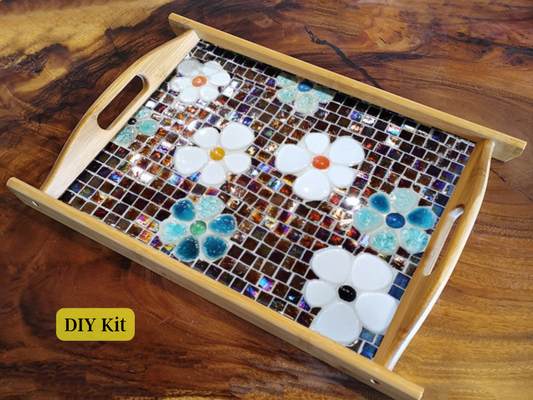 DIY Mosaic wooden tray, DIY food tray, mosaic glass diy kit - Rectangle wooden tray with sunflowers petal pattern