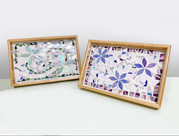 DIY Mosaic wooden tray, DIY food tray, mosaic glass diy kit -Purple flowers pearl rectangle tray