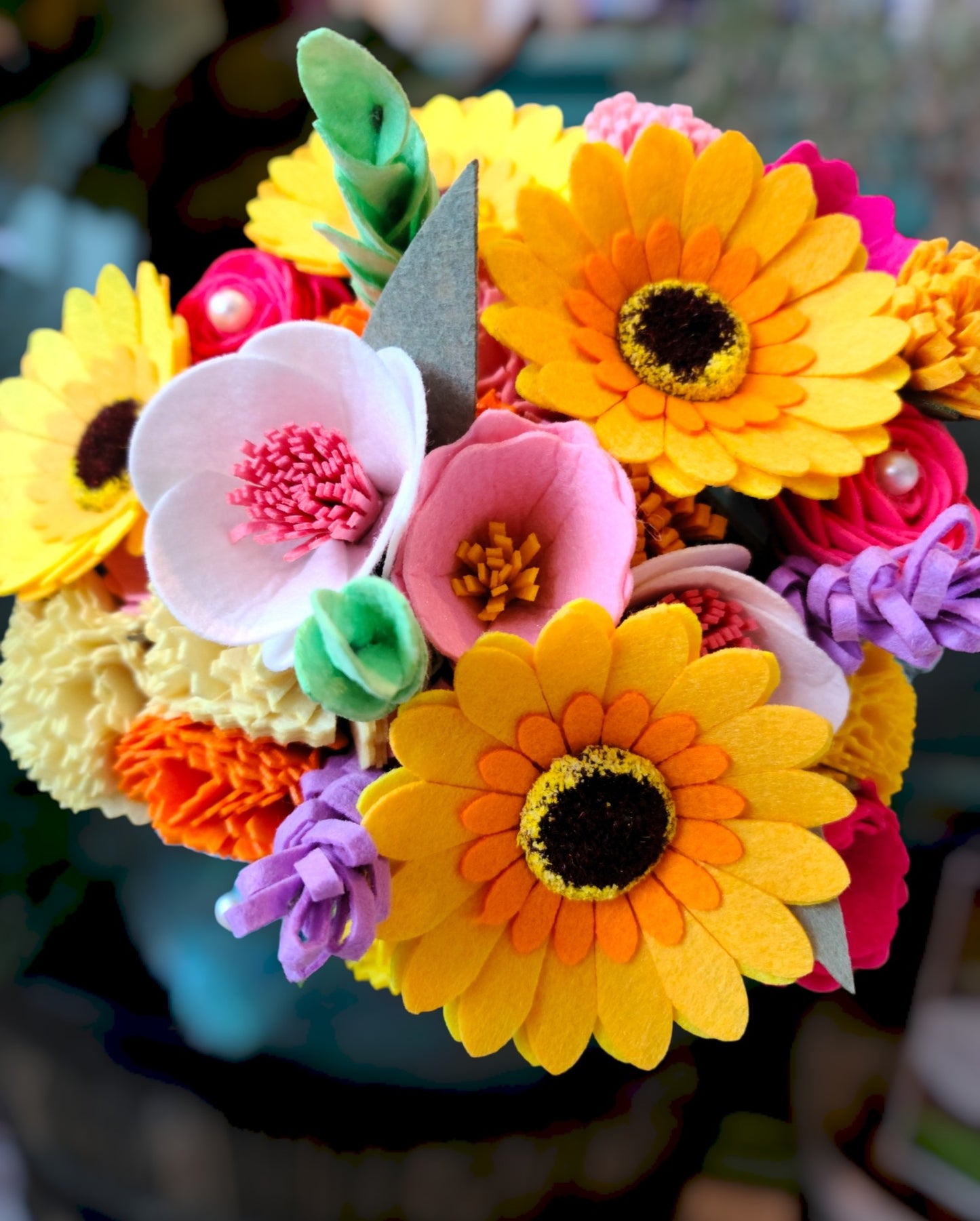 Handmade felt flower bouquet, Sunflowers, Carnations, lavenders, Roses, Morning glories