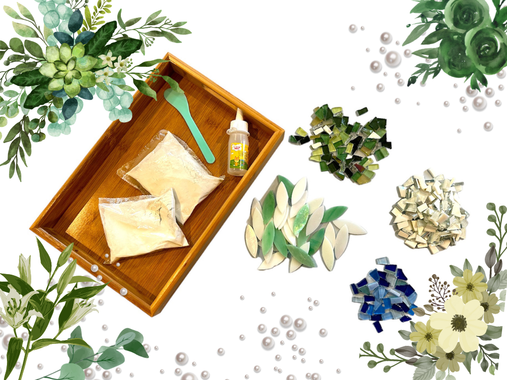 DIY Mosaic wooden tray, DIY food tray, mosaic glass diy kit -Green flowers pearl rectangle tray