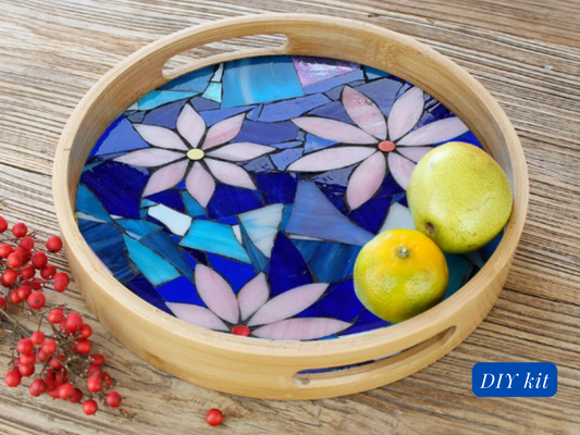 DIY Mosaic wooden tray, DIY food tray, mosaic glass diy kit - Pink flowers blue background round tray