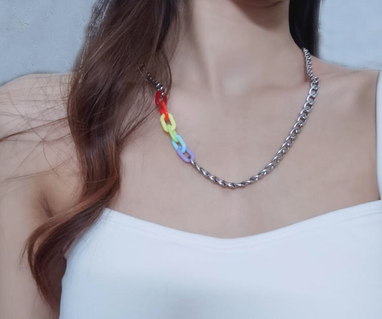 Silver Chain necklace with rainbow details, heavy chain necklace, accessories