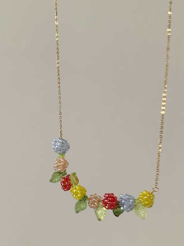 Berry necklace, colorful summer necklace, berry, flowers, leaves, gold chain berry necklace, Valentine's Day gift, accessories