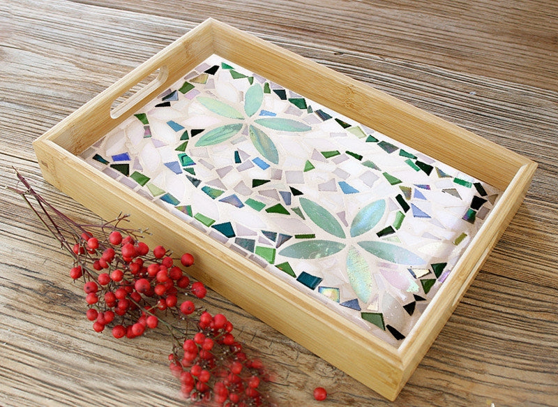 DIY Mosaic wooden tray, DIY food tray, mosaic glass diy kit -Green flowers pearl rectangle tray