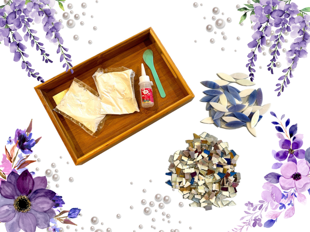 DIY Mosaic wooden tray, DIY food tray, mosaic glass diy kit -Purple flowers pearl rectangle tray
