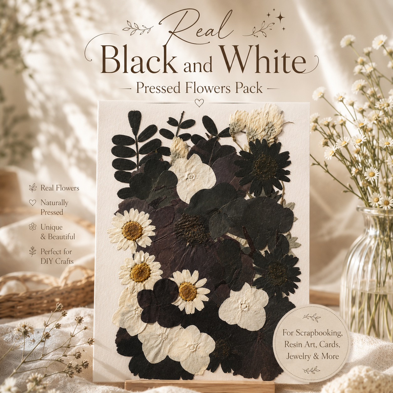 Real Black & White Pressed Flowers Pack | Natural Dried Flowers for Resin Art, Scrapbooking,  Phone Cases, DIY Crafts