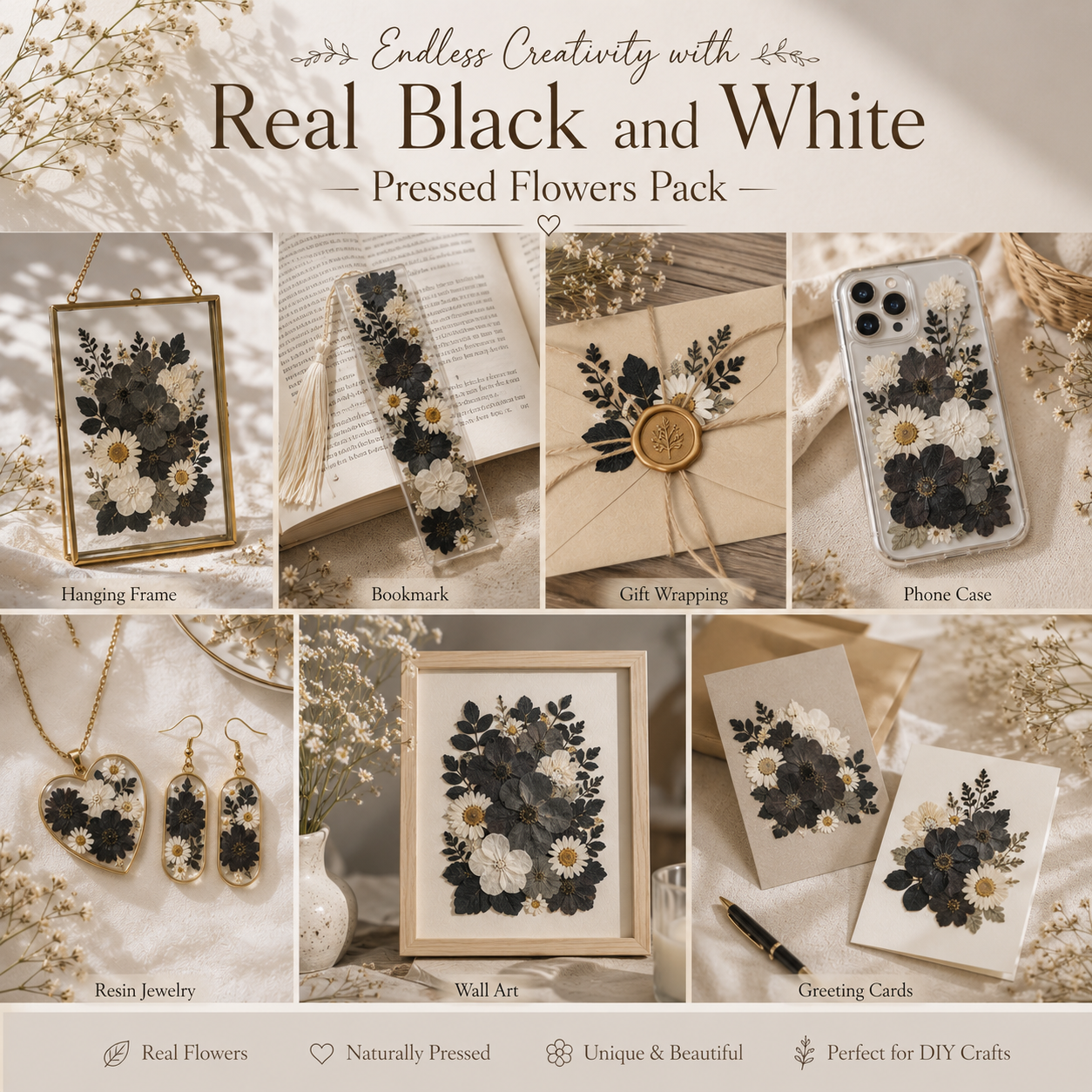 Real Black & White Pressed Flowers Pack | Natural Dried Flowers for Resin Art, Scrapbooking,  Phone Cases, DIY Crafts