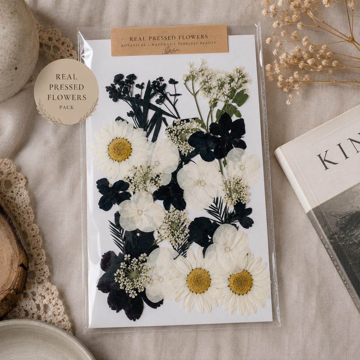 Black & White Pressed Flower Pack | Real Dried Flowers for Resin Art, Phone Cases, Scrapbooking, Card Making, DIY Crafts & Jewelry