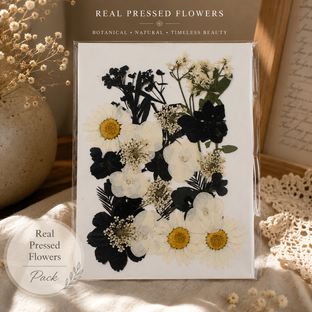 Black & White Pressed Flower Pack | Real Dried Flowers for Resin Art, Phone Cases, Scrapbooking, Card Making, DIY Crafts & Jewelry