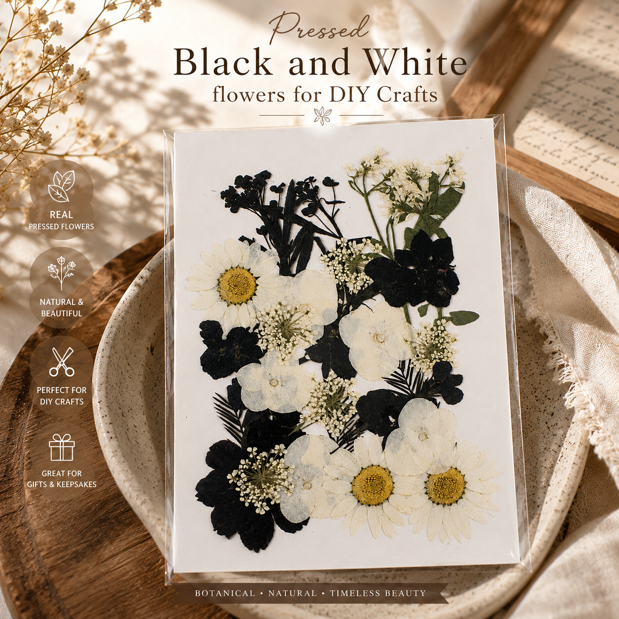 Black & White Pressed Flower Pack | Real Dried Flowers for Resin Art, Phone Cases, Scrapbooking, Card Making, DIY Crafts & Jewelry
