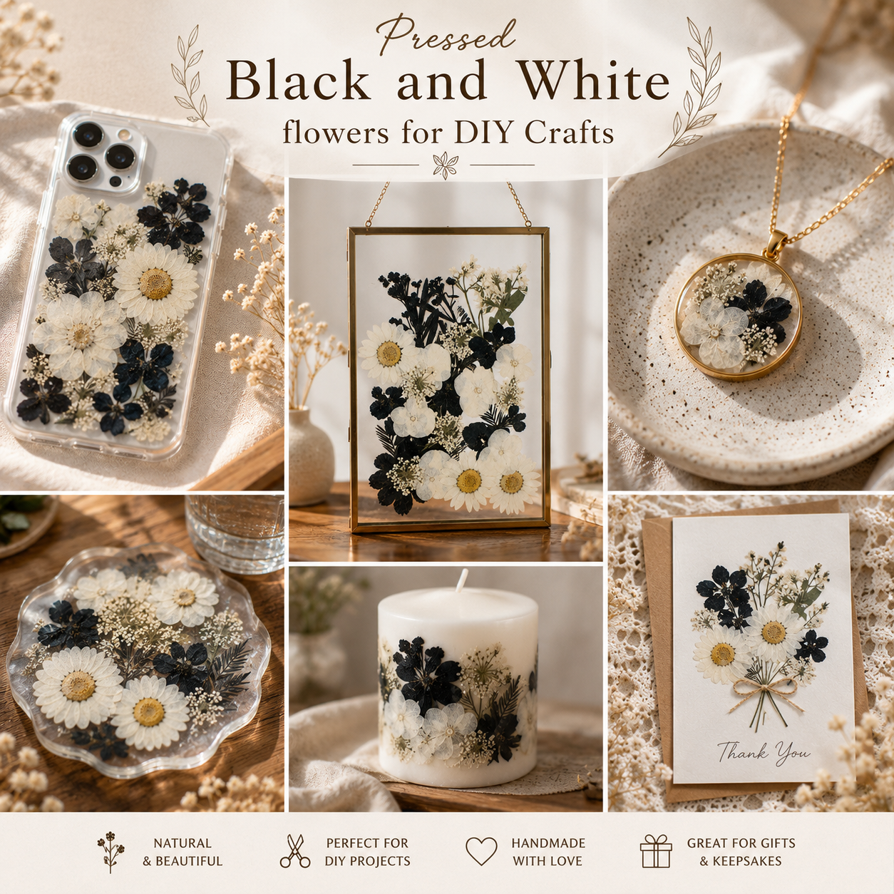 Black & White Pressed Flower Pack | Real Dried Flowers for Resin Art, Phone Cases, Scrapbooking, Card Making, DIY Crafts & Jewelry