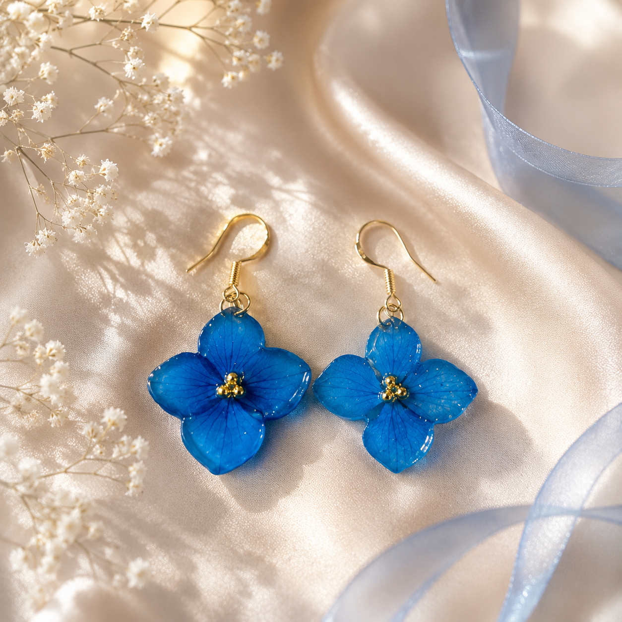 Real Blue Hydrangea Flower Earrings | Handmade Resin Floral Earrings | Gold Dangle Earrings | Botanical Jewelry | Nature Inspired Gift
