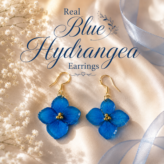 Real Blue Hydrangea Flower Earrings | Handmade Resin Floral Earrings | Gold Dangle Earrings | Botanical Jewelry | Nature Inspired Gift