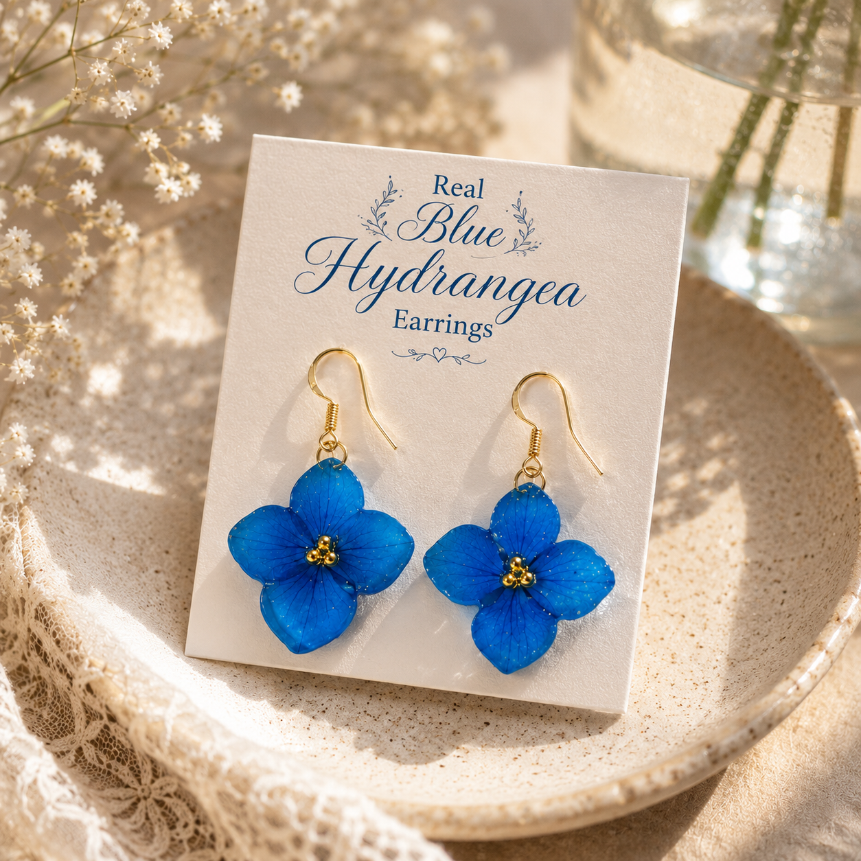 Real Blue Hydrangea Flower Earrings | Handmade Resin Floral Earrings | Gold Dangle Earrings | Botanical Jewelry | Nature Inspired Gift