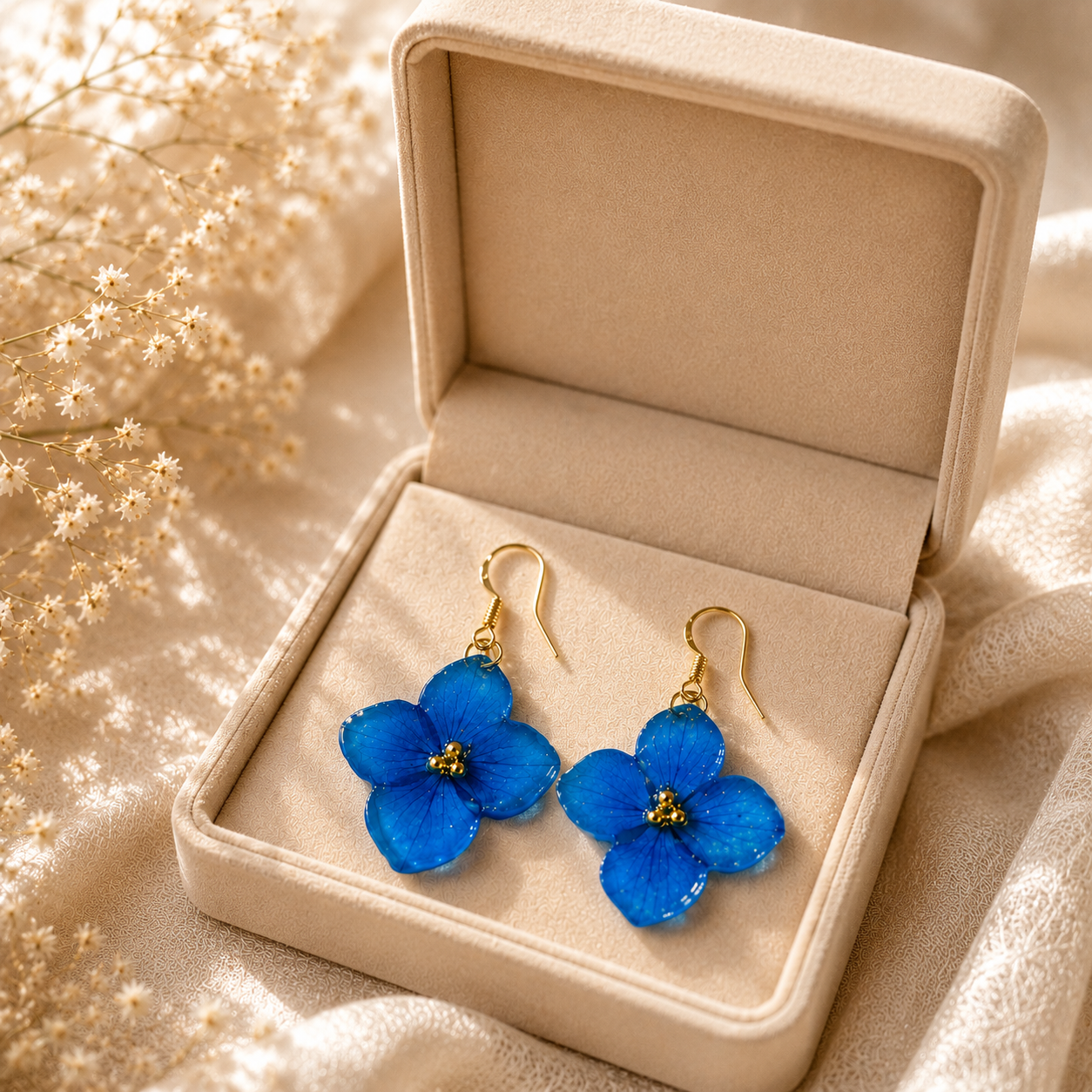 Real Blue Hydrangea Flower Earrings | Handmade Resin Floral Earrings | Gold Dangle Earrings | Botanical Jewelry | Nature Inspired Gift